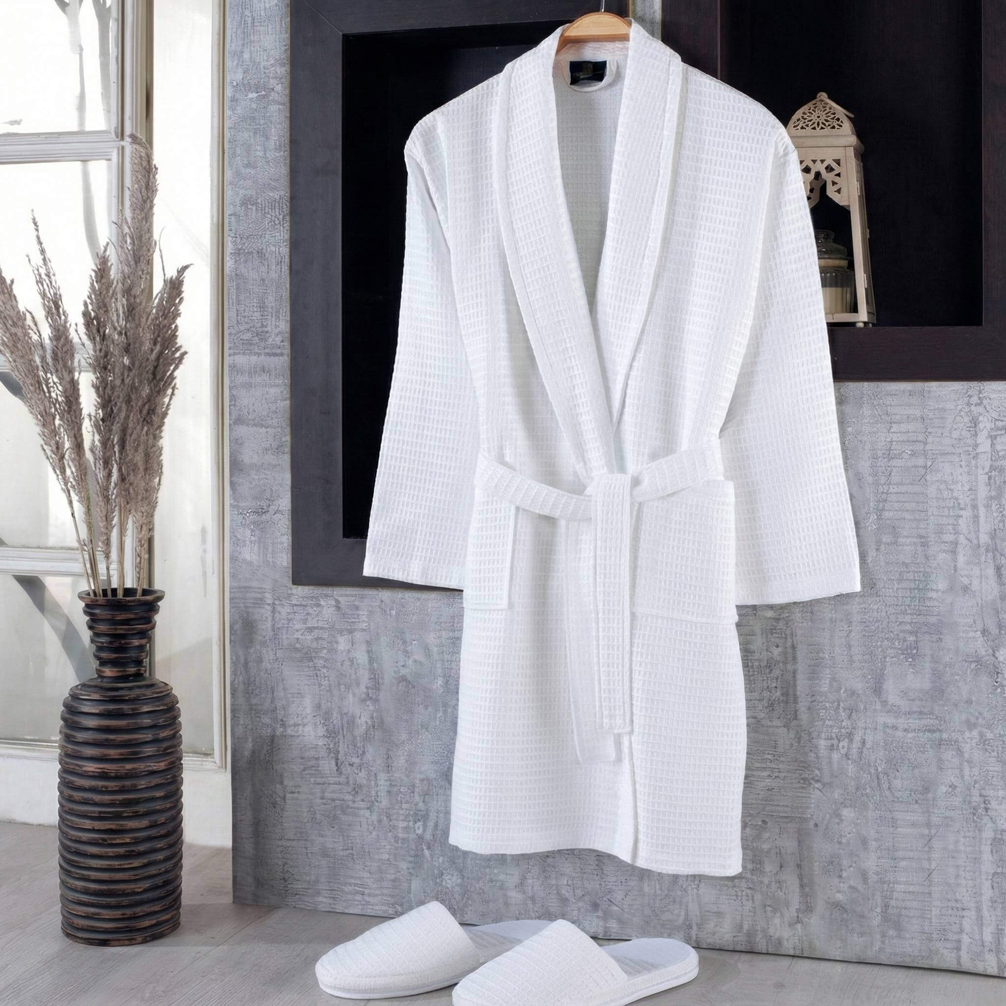 100% Cotton Shawl Collar Waffle Bathrobe - White