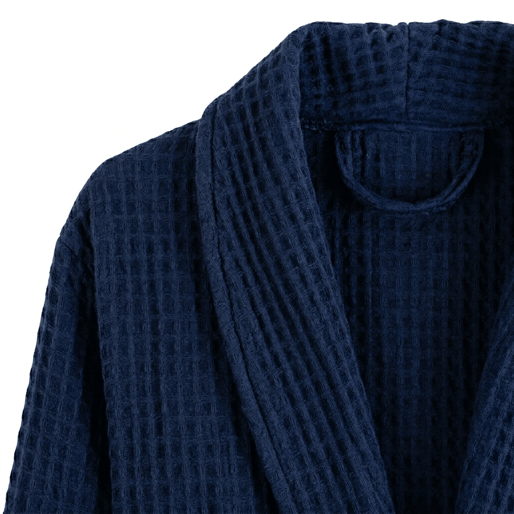 Navy blue textured robe on a white background