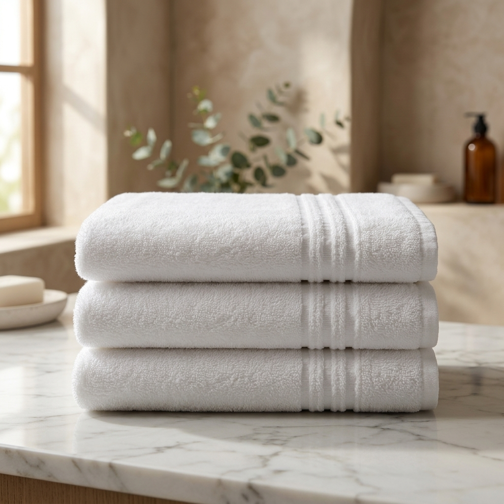 Three folded white towels stacked on a marble