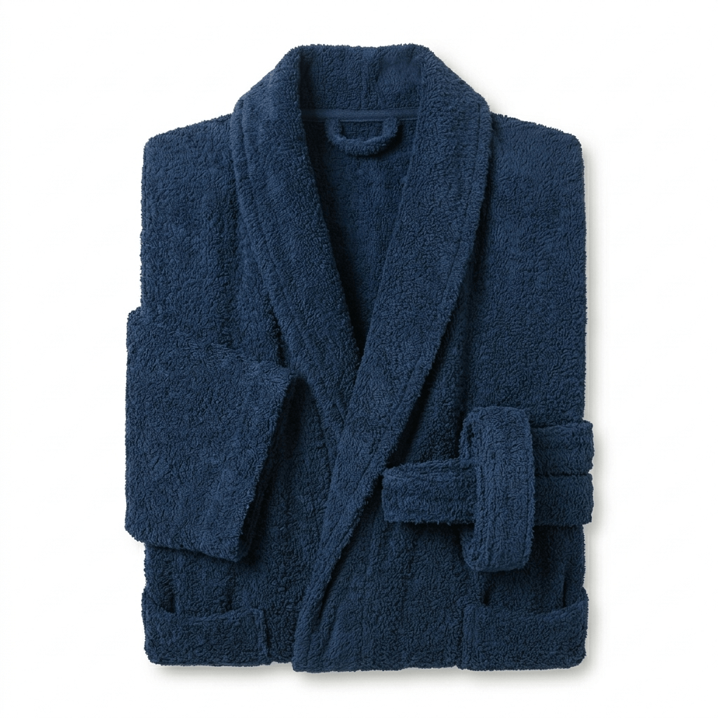 Folded navy blue robe on a white background