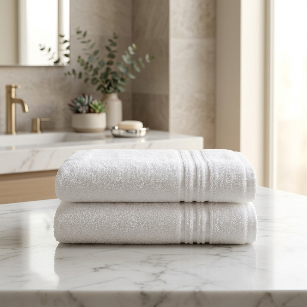 Two folded white cotton towels stacked on a white marble countertop