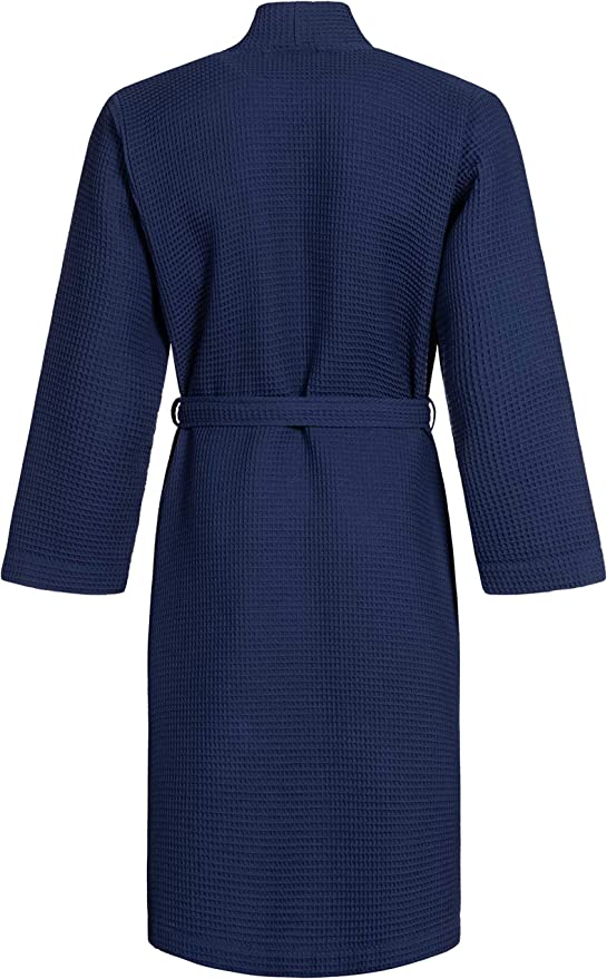 100% Cotton Waffle Shawl Collar Bathrobe - Navy