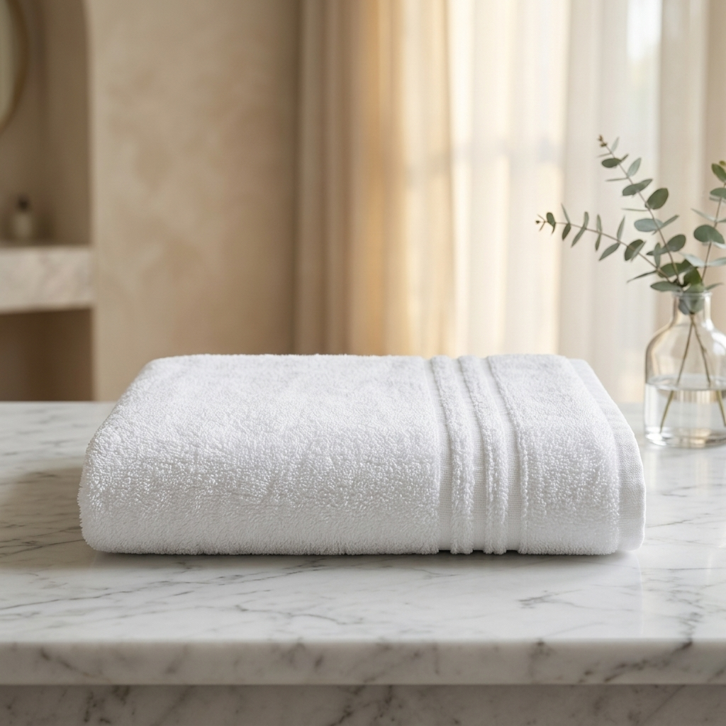 A folded white cotton towel with ribbed trim sits on a white marble countertop