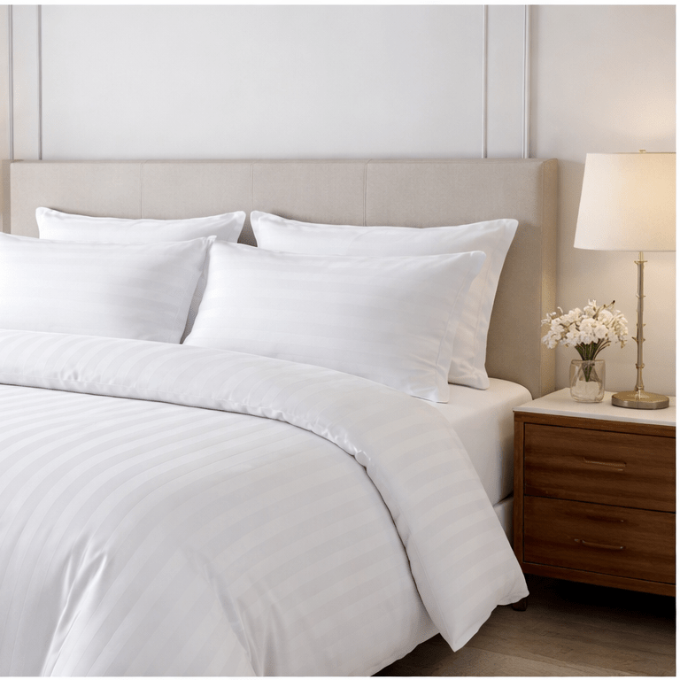 6/24mm Satin Stripe White Hotel Duvet Cover Set