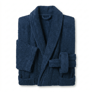 Folded navy blue robe on a white background